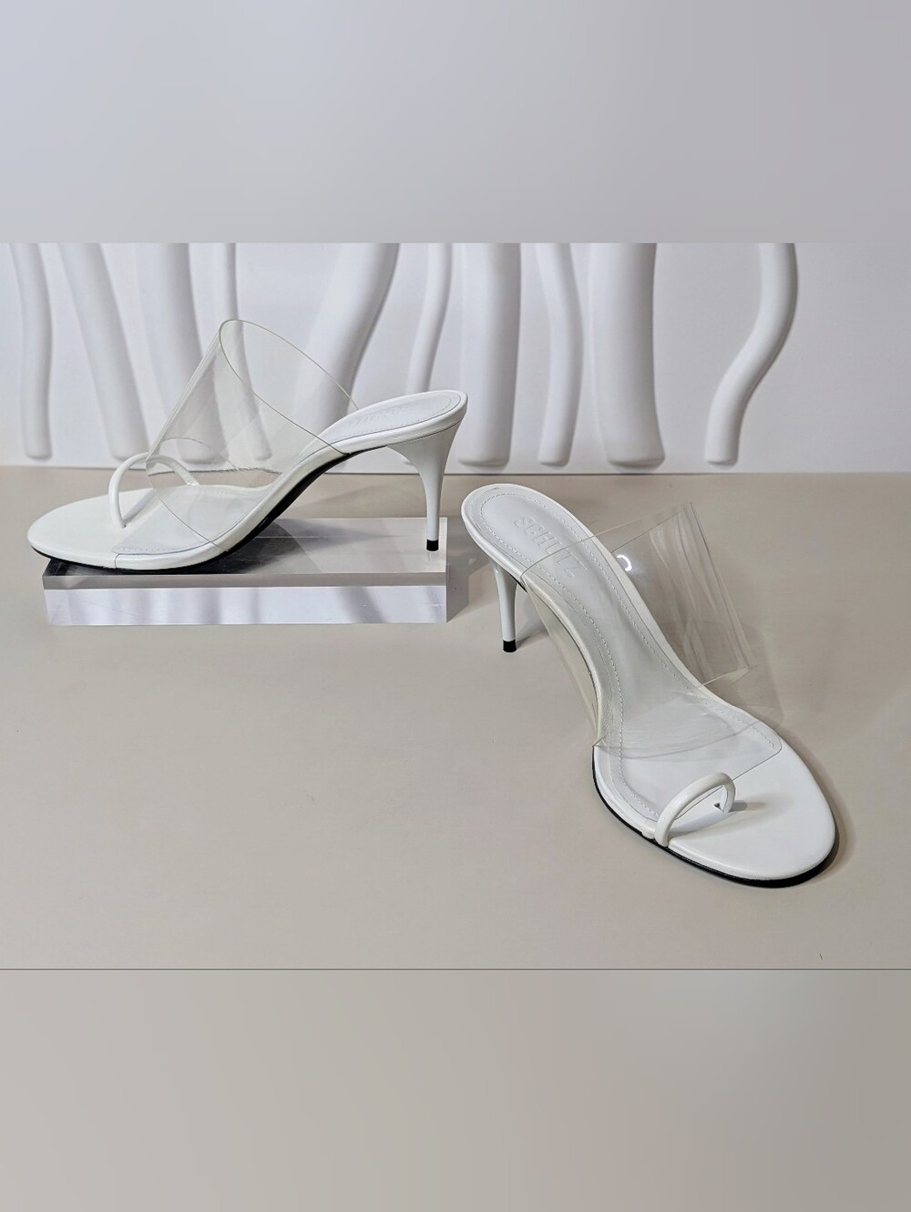 Schutz Astra White Clear PVC Toe Loop Stiletto Mules 7.5